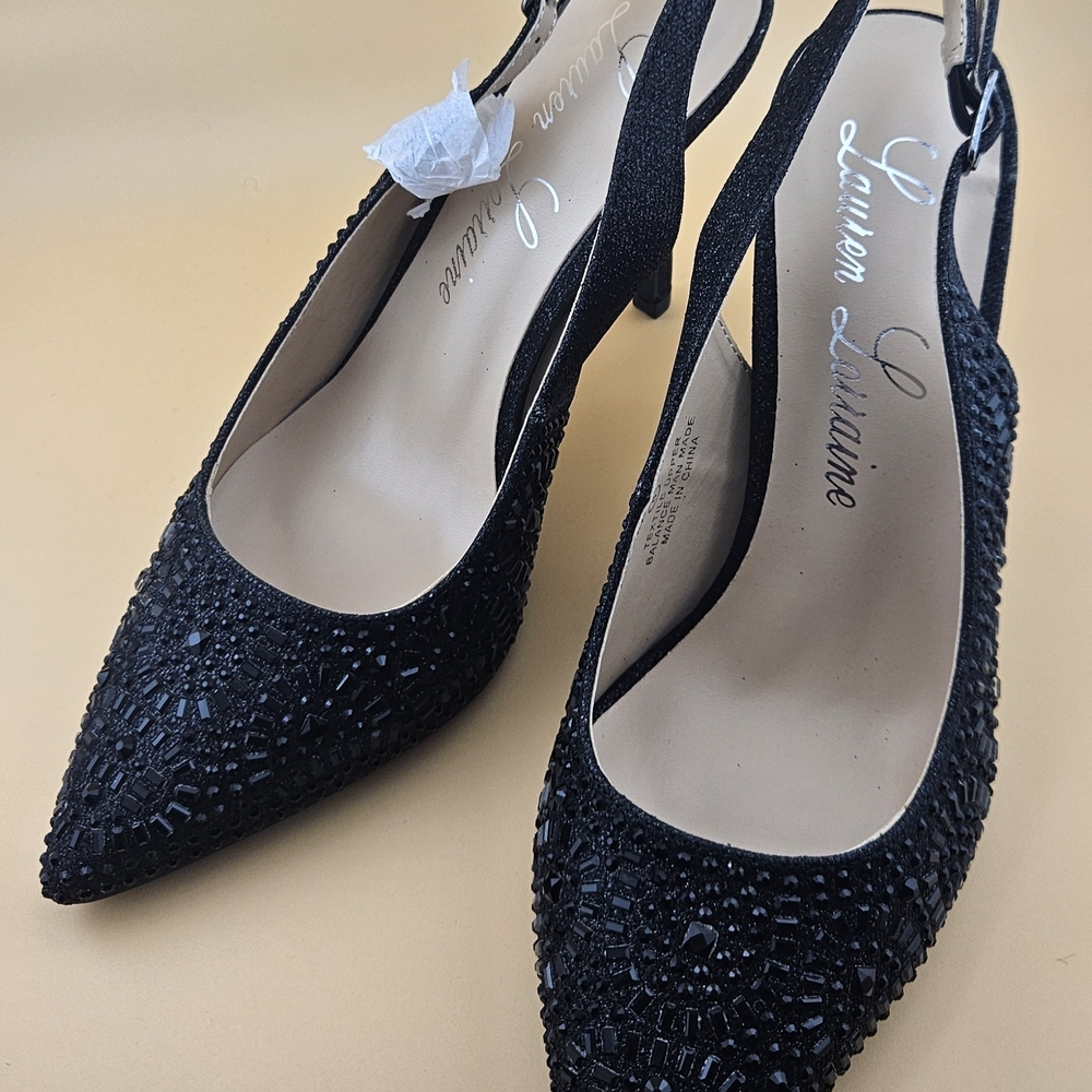 Lauren Lorraine Black Beaded Slingback Heels
